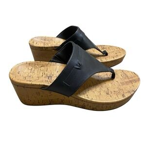 Vionic Cameron Wedge Sandals Sz 8 EU 39 Black Leather Thong Boho Summer Vacation